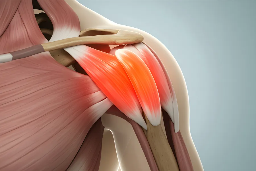 Bursitis-Clinic 3D illustration of human musculature with the shoulder highlighted. Get treatment for Bursitis from Lux Hormones & Health Wellness in San Diego.