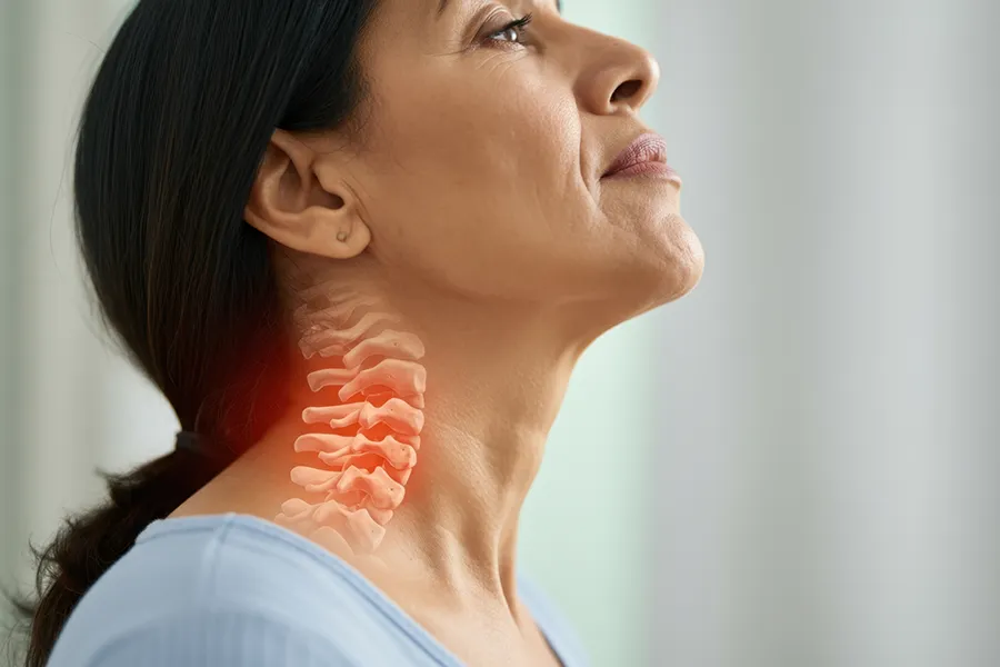 Degenerative-Disc-Disease-Clinic A middle-aged woman with a 3D illustrated spine transposed over her neck. Get treatment for degenerative disc disease from Lux Hormones & Health Wellness in San Diego.