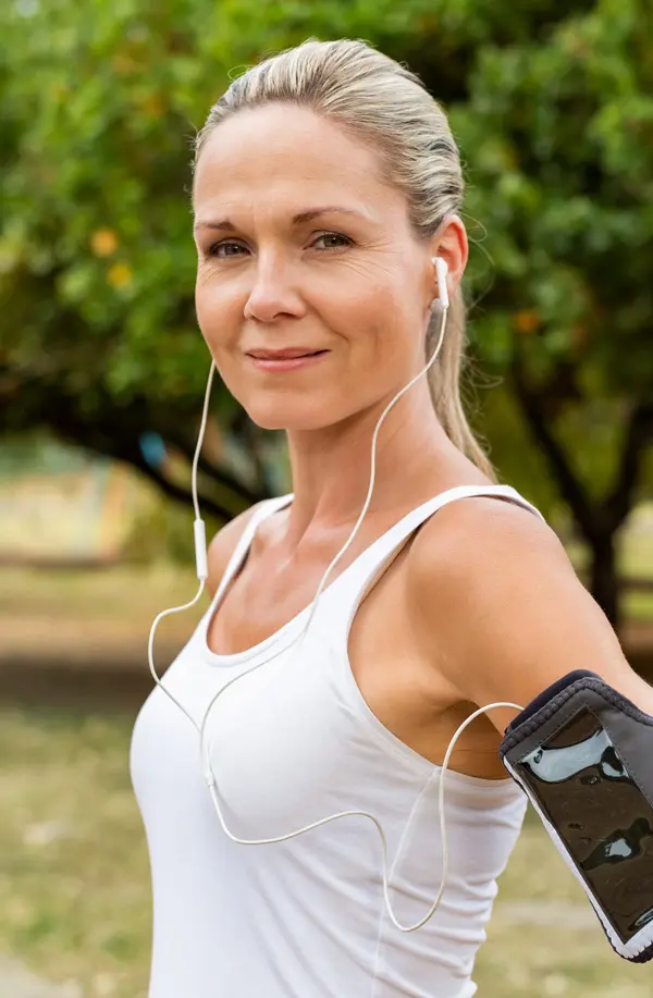 Insulin-Resistance-Treaatment A fit middle aged woman wearing earphones and a tank top smiles after a run. Get insulin resistance treatment from Lux Hormones & Health Wellness in San Diego.